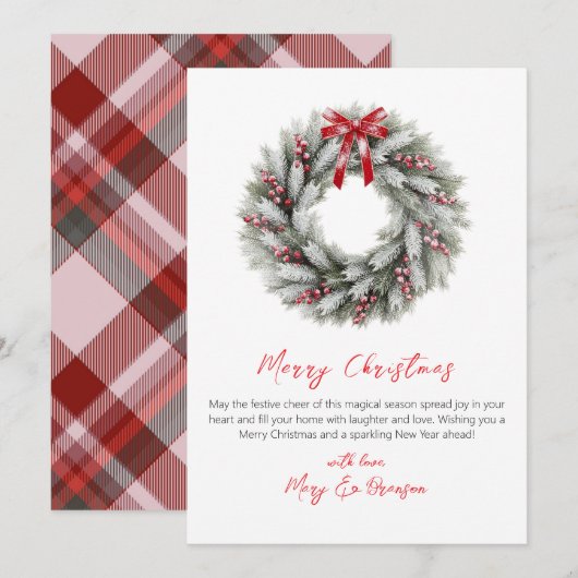 Elegant Script Red Plaid Non Photo Christmas シーズンカード (正面/裏面)