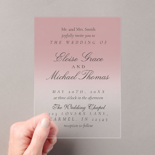 Elegant Script Rose Pink Gradient Wedding アクリル招待状 (インサイチュ (ポータブル))