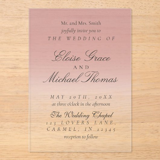 Elegant Script Rose Pink Gradient Wedding アクリル招待状 (正面)