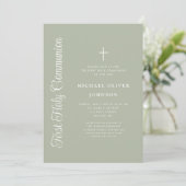 Elegant Script Sage Green Boy First Communion 招待状 (スタンド正面)