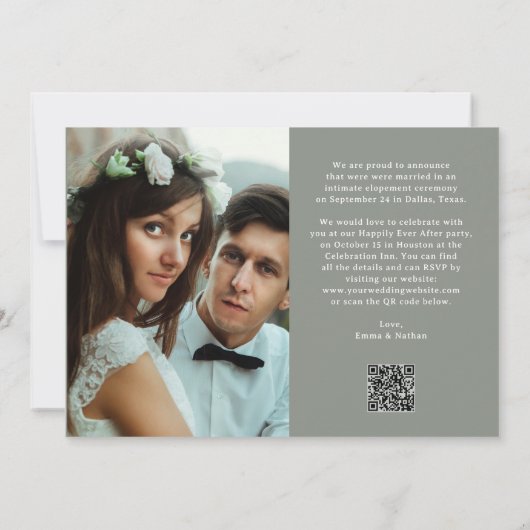 Elegant Script Sage Green | QR Code Just Married 招待状 (裏面)