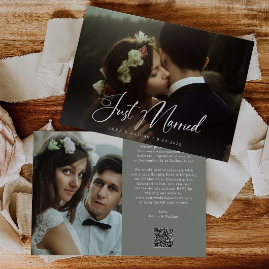 Elegant Script Sage Green | QR Code Just Married 招待状