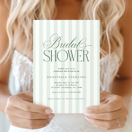 Elegant Script Sage Green Stripes Bridal Shower 招待状
