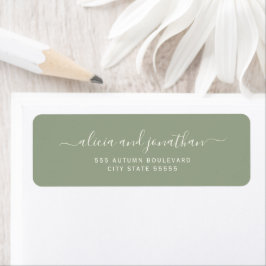 Elegant script sage green wedding return address ラベル