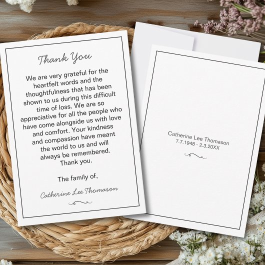 Elegant Script Simple Funeral Flat Thank You Card サンキューカード