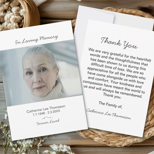 Elegant Script Simple Funeral Photo Thank You Card