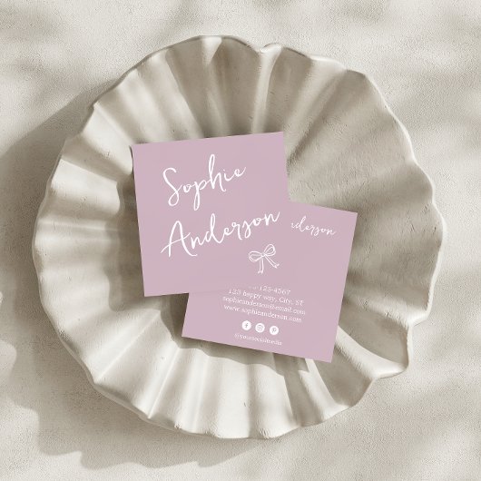 Elegant Script Square Business Card with Bow       スクエア名刺