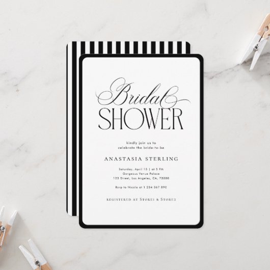 Elegant Script Stripes Black & White Bridal Shower 招待状 (正面/裏面インサイチュ)