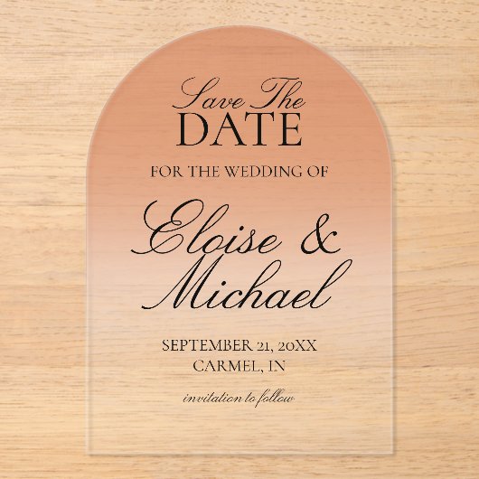 Elegant Script Terracotta Gradient Save The Date アクリル招待状 (正面)