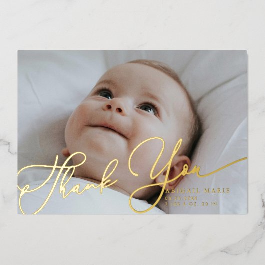 Elegant Script Thank You Baby Announcement 箔招待状 (正面)