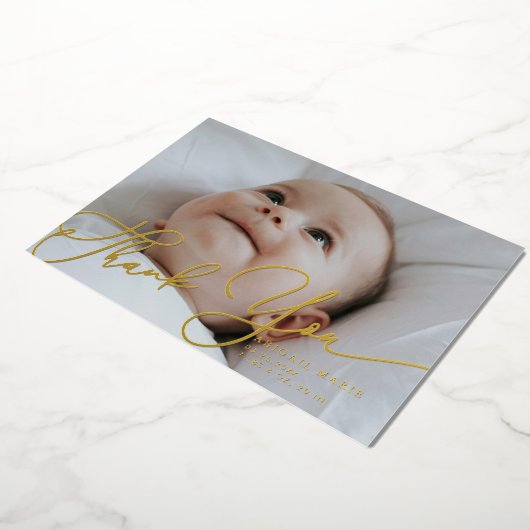 Elegant Script Thank You Baby Announcement 箔招待状 (回転した状態)