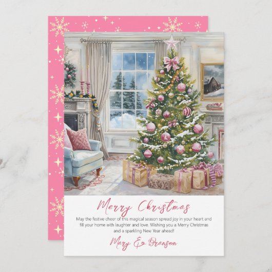 Elegant Script Tree Non Photo Watercolor Christmas シーズンカード (正面/裏面)