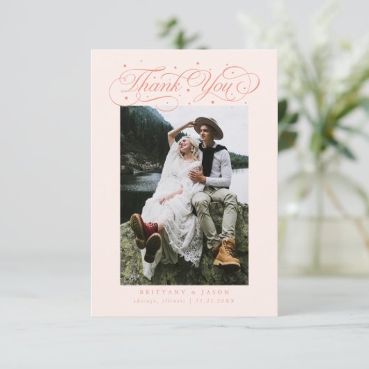 Elegant Script Typography Dots Wedding Peach サンキューカード (スタンド正面)
