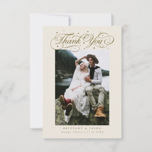Elegant Script Typography Dots Wedding Photo Beige サンキューカード (正面)