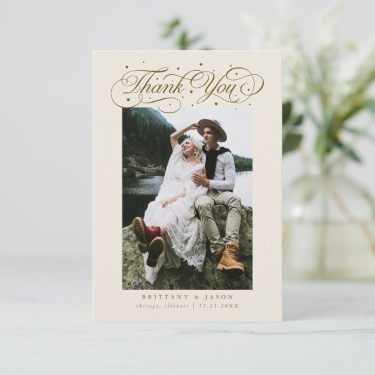 Elegant Script Typography Dots Wedding Photo Beige サンキューカード (スタンド正面)
