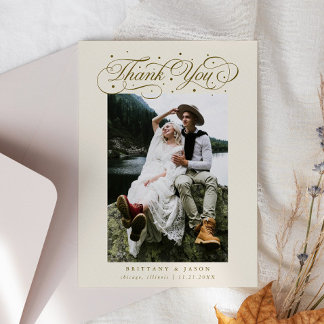Elegant Script Typography Dots Wedding Photo Beige サンキューカード