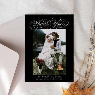 Elegant Script Typography Dots Wedding Photo Black サンキューカード