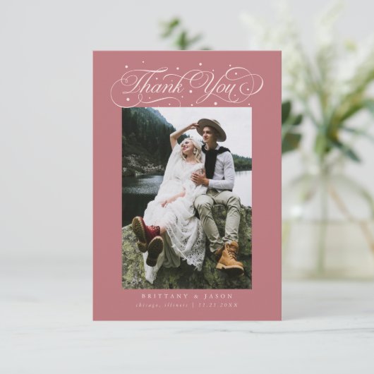 Elegant Script Typography Dots Wedding Pink サンキューカード (スタンド正面)