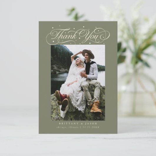 Elegant Script Typography Dots Wedding Sage Green サンキューカード (スタンド正面)