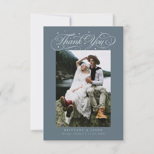 Elegant Script Typography Dots Wedding Slate Blue サンキューカード (正面)