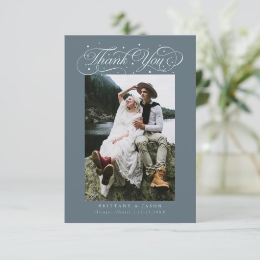Elegant Script Typography Dots Wedding Slate Blue サンキューカード (スタンド正面)