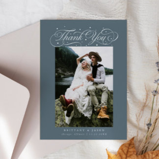 Elegant Script Typography Dots Wedding Slate Blue サンキューカード