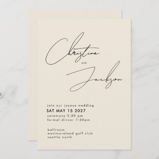 Elegant Script Typography Modern Cream Wedding 招待状 (正面/裏面)