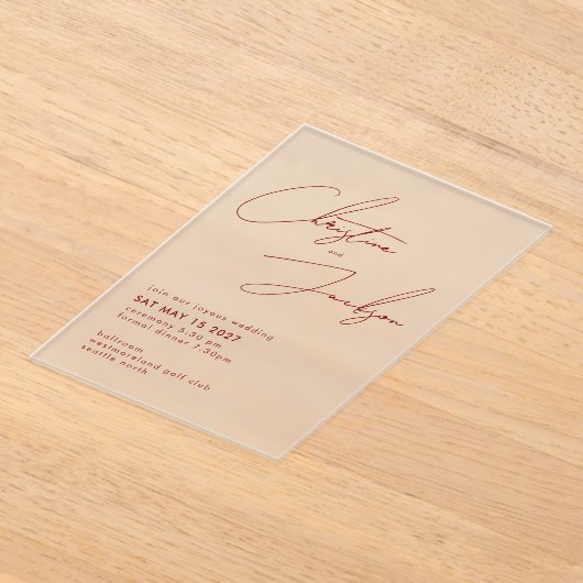 Elegant Script Typography Modern Maroon Wedding アクリル招待状 (レイダウン)