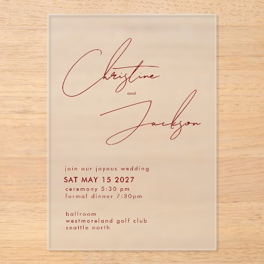Elegant Script Typography Modern Maroon Wedding アクリル招待状 (正面)