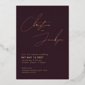 Elegant Script Typography Modern Plum Wedding Rose 箔招待状 (正面)