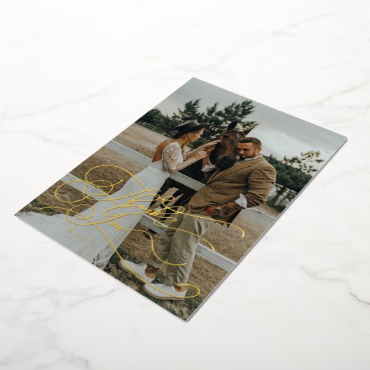 Elegant Script Typography Thank You Photo Wedding  箔招待状 (回転した状態)