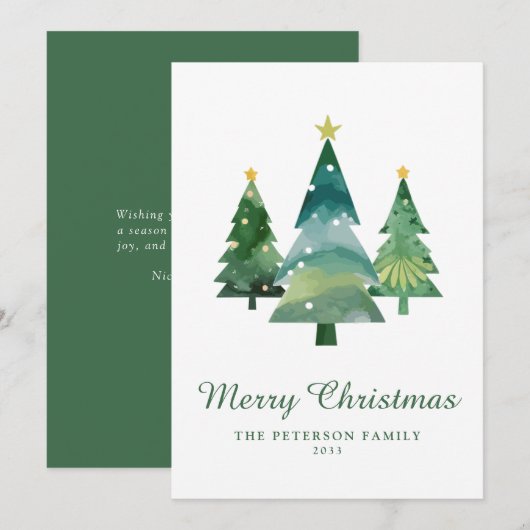 Elegant Script Watercolor Christmas Tree Non-Photo シーズンカード (正面/裏面)