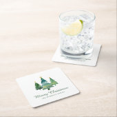 Elegant Script Watercolor Christmas Trees スクエアペーパーコースター (インサイチュ)