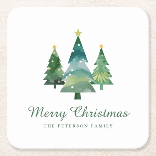 Elegant Script Watercolor Christmas Trees スクエアペーパーコースター (正面)