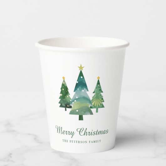 Elegant Script Watercolor Christmas Trees 紙コップ (正面)