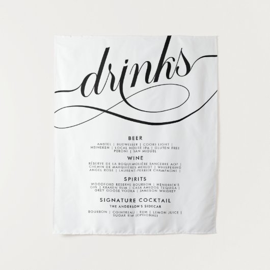 Elegant Script Wedding Drinks Bar Menu Poster タペストリー (正面)