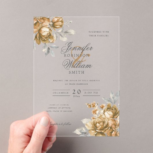 Elegant Script Wedding Gold Natural Rustic Floral アクリル招待状 (インサイチュ (ポータブル))