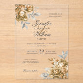 Elegant Script Wedding Gold Natural Rustic Floral アクリル招待状 (正面)