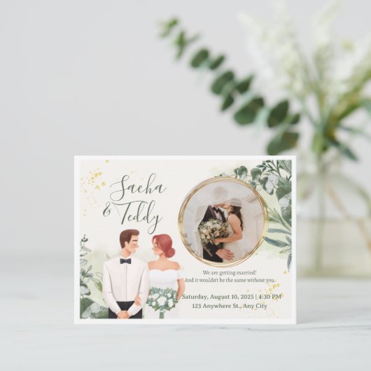 Elegant Script Wedding Photo Save the Date  案内ポストカード (スタンド正面)