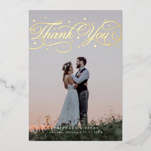 Elegant Script Wedding Photo Thank You Card 箔招待状 (正面)