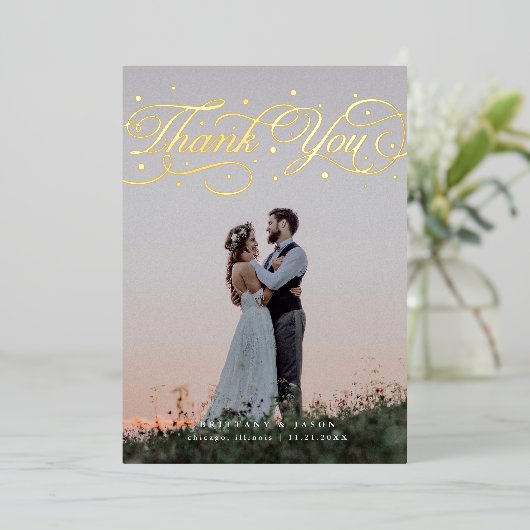 Elegant Script Wedding Photo Thank You Card 箔招待状 (立ち正面)