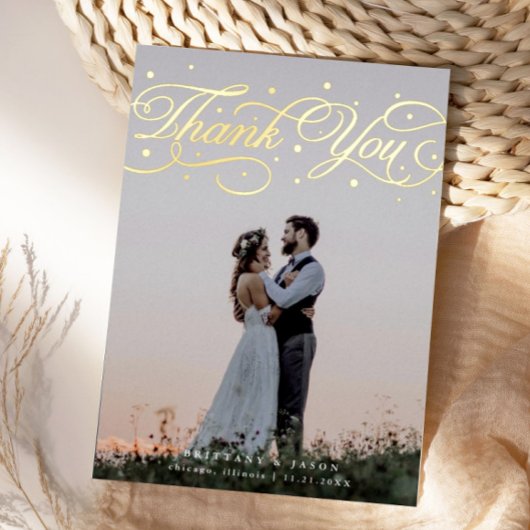 Elegant Script Wedding Photo Thank You Card 箔招待状