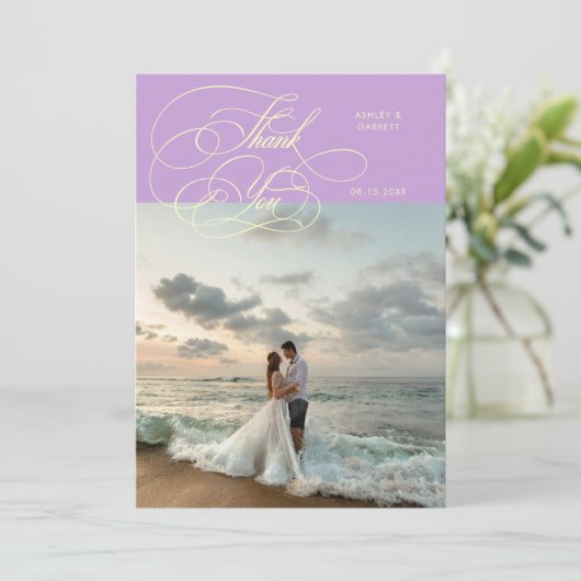 Elegant Script Wedding Photo Wisteria サンキューカード (スタンド正面)