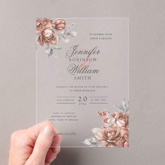 Elegant Script Wedding Rose Gold Rustic Floral アクリル招待状 (インサイチュ (ポータブル))