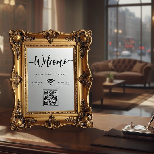 Elegant Script Welcome WIFI Scannable QR Code ウィンドウサイン