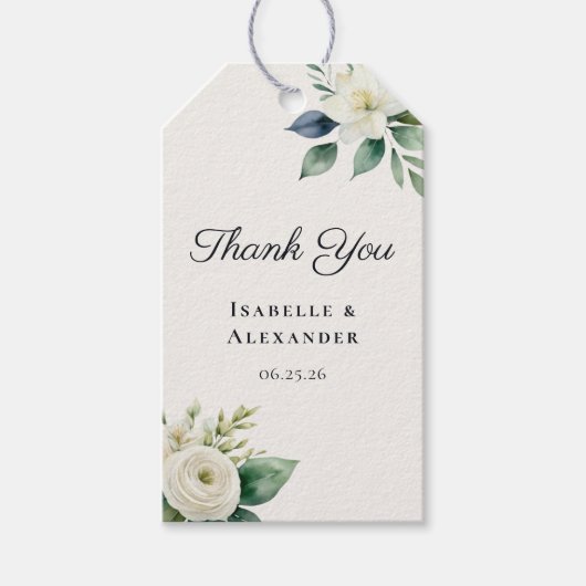 Elegant Script White Flowers Botanical Wedding ギフトタグ (正面)