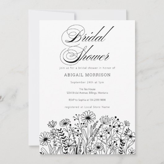Elegant Script Wildflowers Bridal Shower 招待状 (正面)