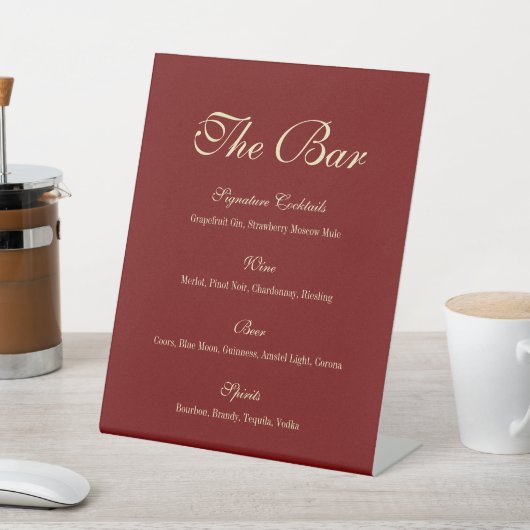 Elegant Script Wine Red Wedding Bar Menu 台座サイン (インサイチュ)