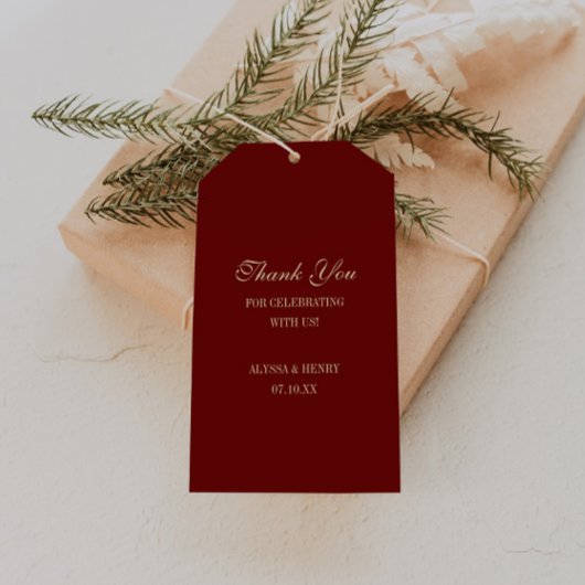 Elegant Script Wine Red Wedding Favor Thank You ギフトタグ