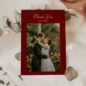 Elegant Script Wine Red Wedding Photo サンキューカード
